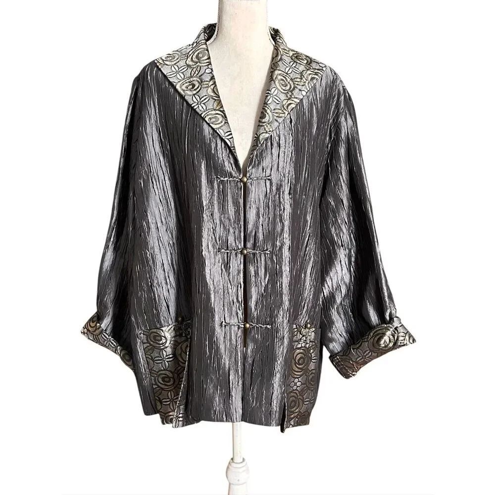 Vintage Rising Phoenix Plissé Silk Metallic Silver Brocade Floral Jacket 2X